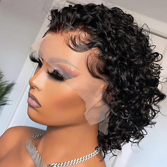 Short Curly Human Hair Wigs Pixie Cut Bob Glueless Wigs Front for Black Women with Baby Hair, 13x1 Lace 180% Density Pre Plucked HD