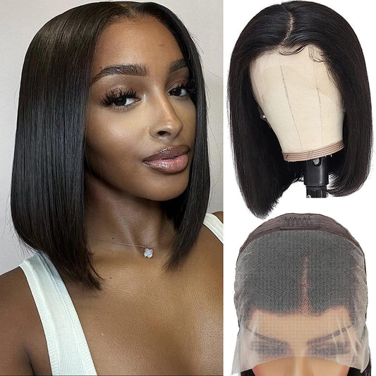 Blackbeautyhair Bob Wig Human Hair 13x4 Lace Front Wigs  (12 Inch, Natural Color)