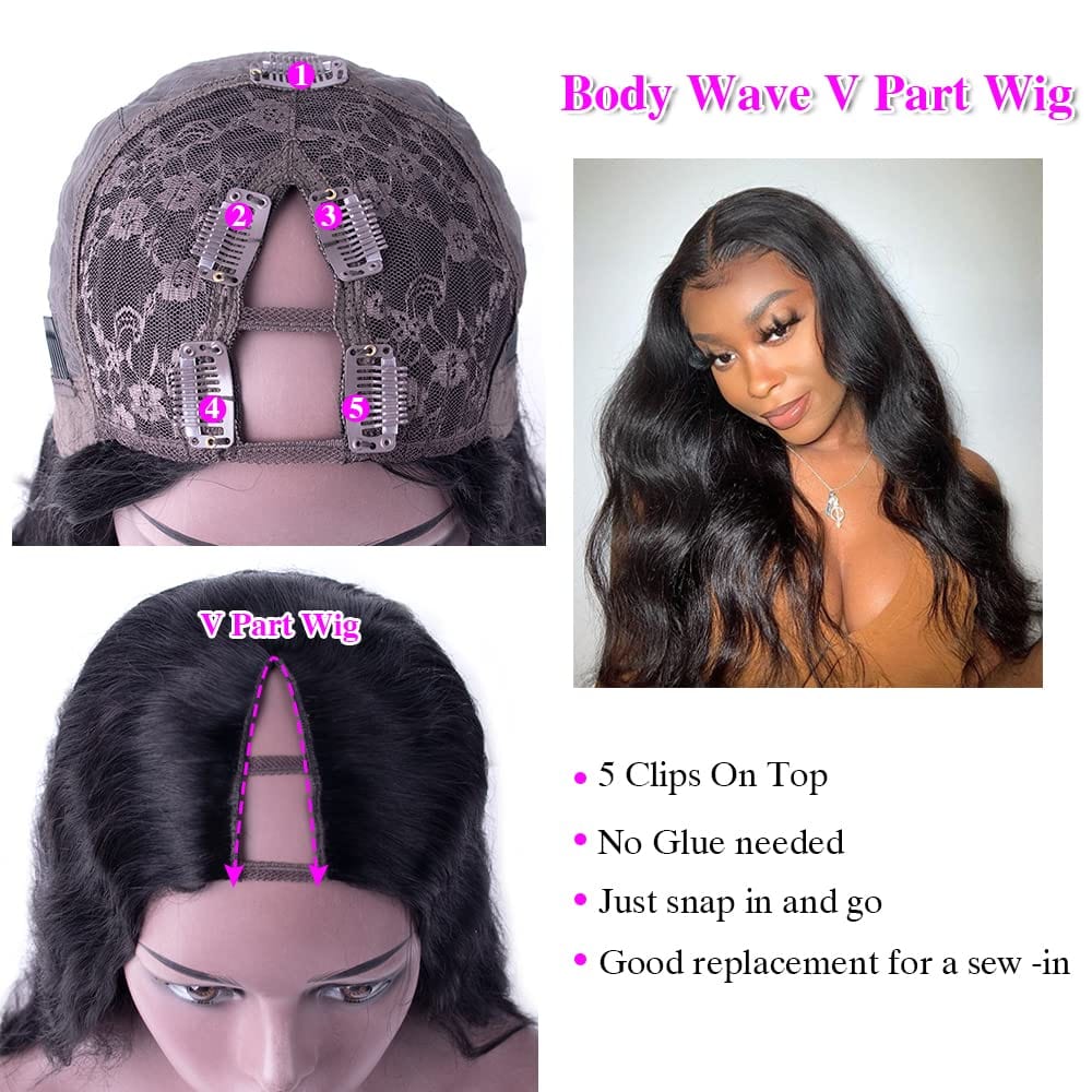 Blackbeautyhair Body Wave Full Head Clip In Half Wig V Part Shape Wigs No Leave Out