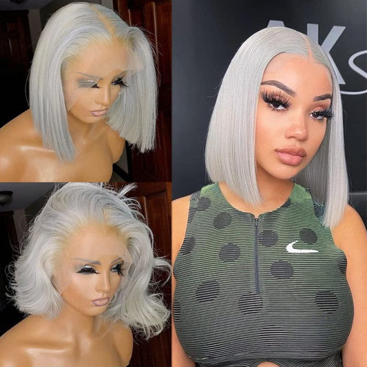 Blackbeautyhair Long Straight Grey Color Glueless Human Hair Lace Front Wigs
