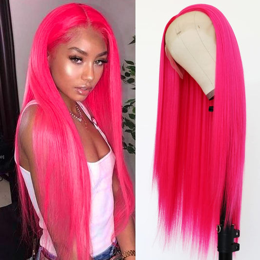 Blackbeautyhair Long Straight Pink Color Glueless Human Hair Lace Front Wigs 30 Inch