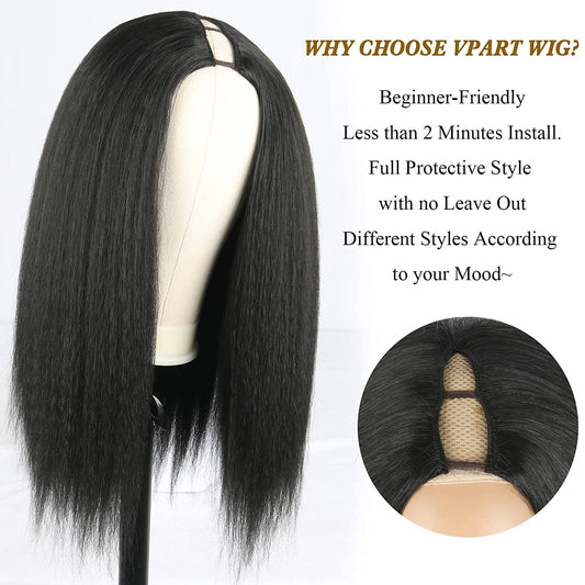 Blackbeautyhair Natural Black Kinky Straight Full Head Clip Yaki Straight V Part Wig 20 Inch