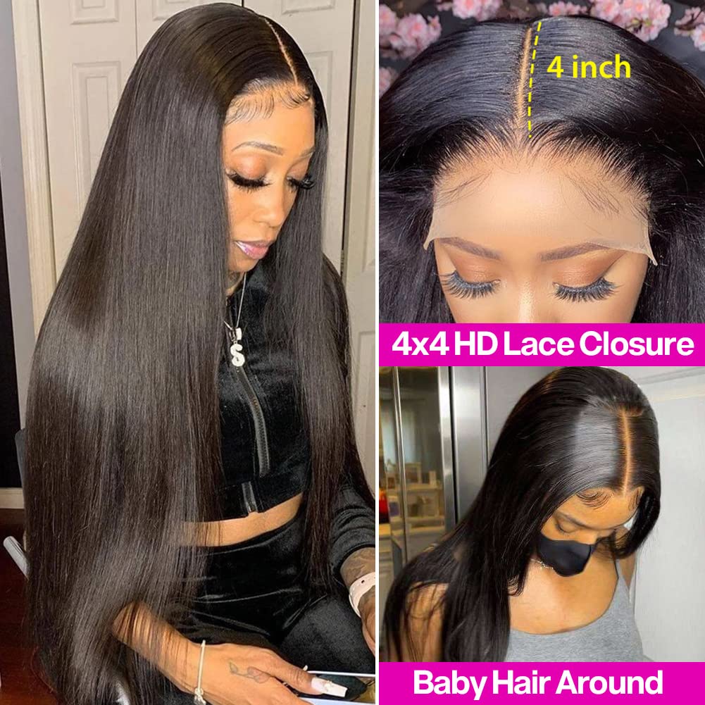 Blackbeautyhair Pre Plucked with Baby Hair 4x4 Straight Lace Closure Human Hair Wigs Black