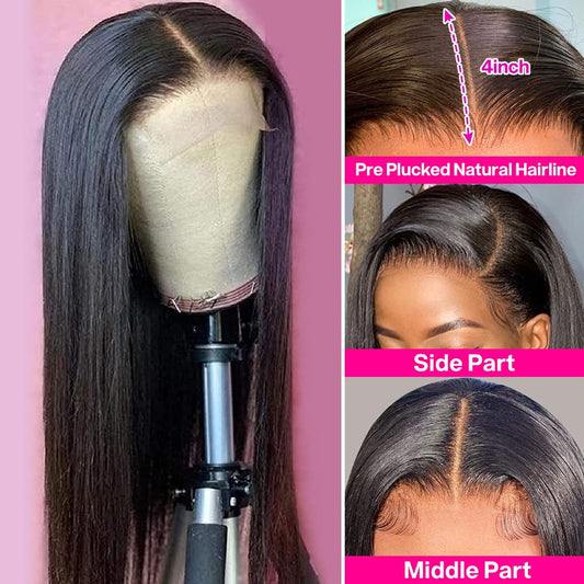 Blackbeautyhair Pre Plucked with Baby Hair 4x4 Straight Lace Closure Human Hair Wigs Black