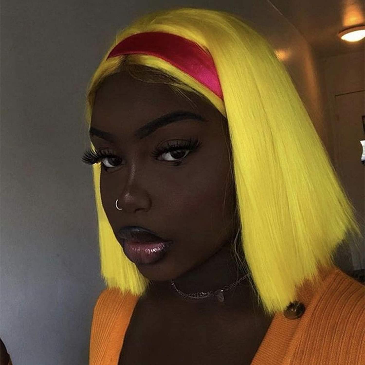 Blackbeautyhair Yellow Color Wig Short Bob Lace Straight Fiber Middle Parting 10inch