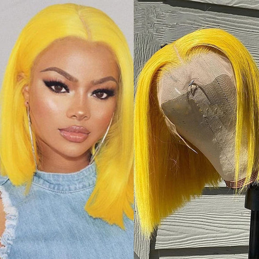 Blackbeautyhair Yellow Color Wig Short Bob Lace Straight Fiber Middle Parting 10inch