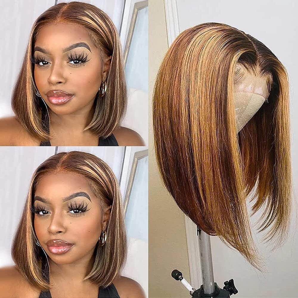 Emilyhair T Part Piano #4/27 Color 13 X 4 X 1 Lace Front 8inch Short Straight Human Hair Wig